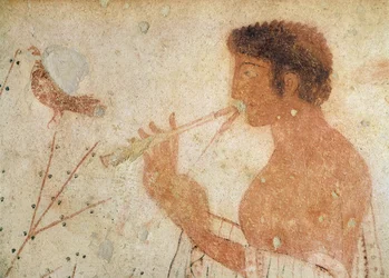 Detail of musician playing a double flute, from the Tomb of the Triclinium, c. 470 BC (wall painting)